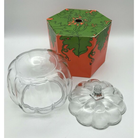 Vintage Clear Glass Halloween Pumpkin Candy Cookie Jar with  Original Box Fall - Picture 8 of 10